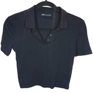 Zara Black Cropped Polo Top Ribbed Stretch Short Sleeve L